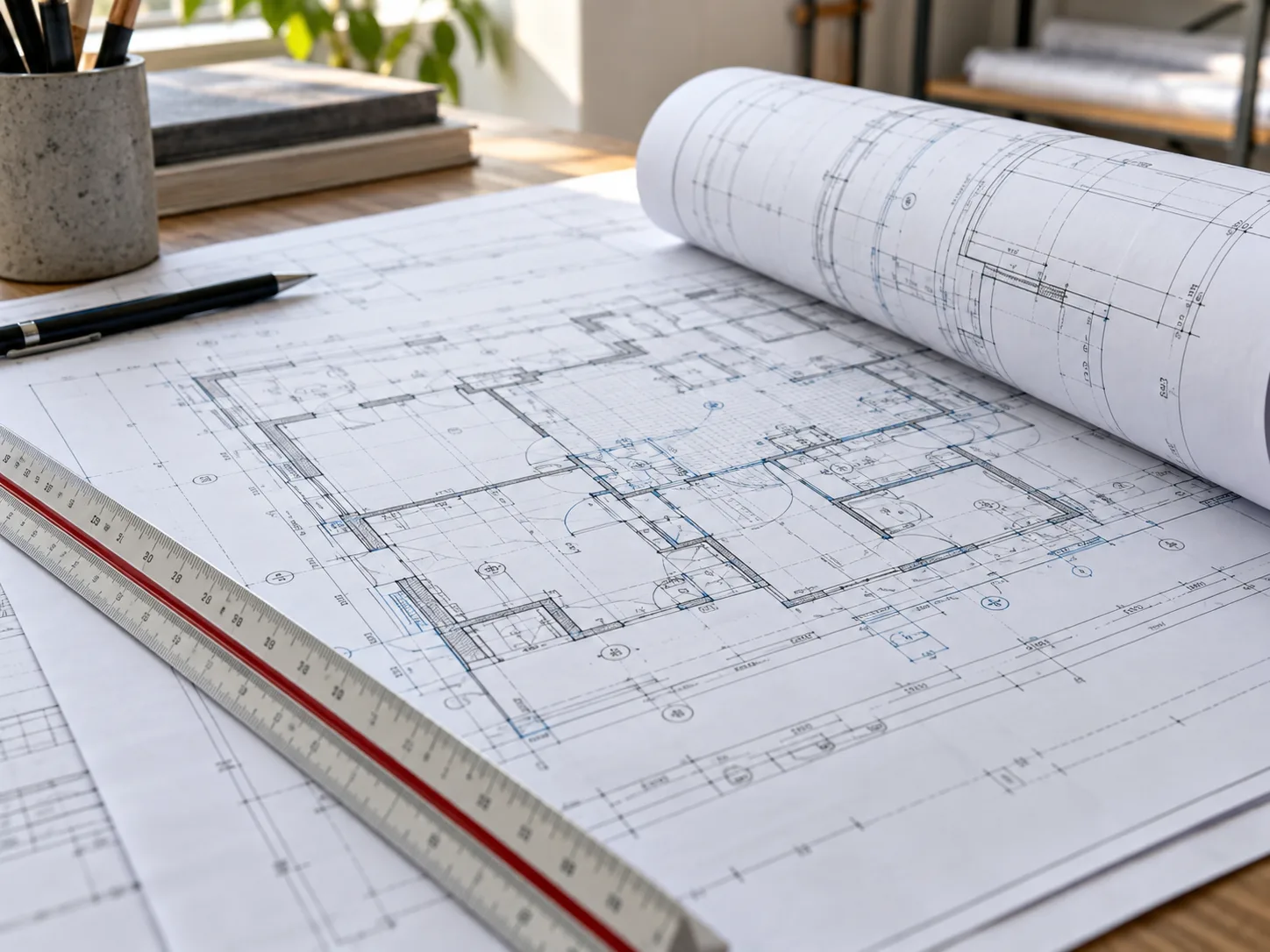 Detalle de planos técnicos impresos en gran formato
